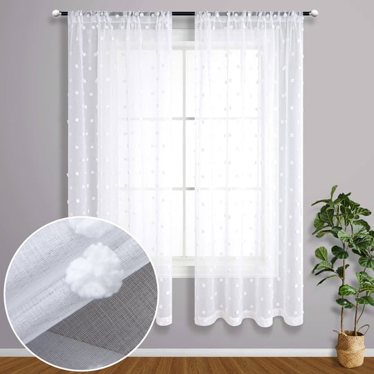 white-bedroom-curtains-63-inch-length-2-panel-rod-pocket-shabby-chic-farmhouse-cozy-pom-pattern-dot--1