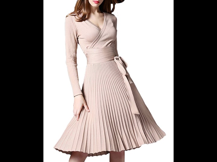women-v-neck-long-sleeve-mock-wrap-fit-flare-belted-knit-sweater-dress-1