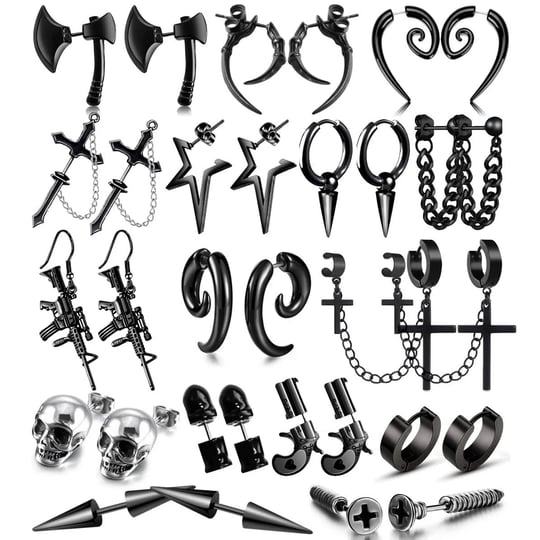 wyyw-16-pairs-stainless-steel-punk-y2k-black-dangle-earrings-for-men-axe-skull-screw-cone-etc-huggie-1