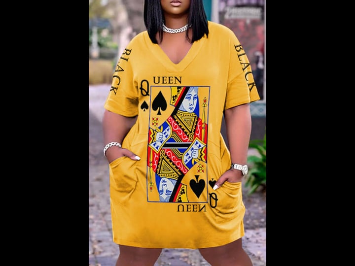 xpluswear-plus-size-casual-poker-queen-print-v-neck-short-sleeve-with-pockets-midi-dress-yellow-xl-2