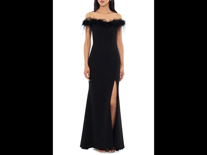 xscape-off-the-shoulder-long-scuba-crepe-feathers-womens-dress-black-13