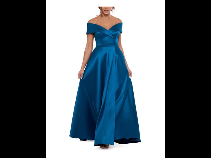 xscape-womens-teal-zippered-pleated-fitted-pocketed-lined-short-sleeve-off-shoulder-full-length-form-1