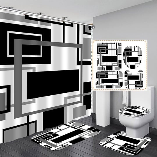 yddsky-4-pcs-black-geometric-shower-curtain-sets-non-slip-bath-rugs-toilet-cover-u-shaped-mat-abstra-1