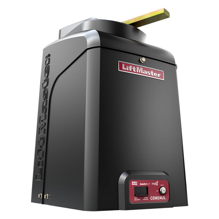 LiftMaster CSW24UL commercial swing gate opener, front three-quarter view with operator arm