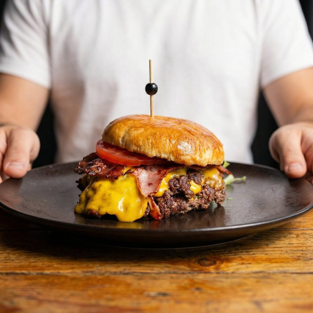 Burger Koh Samui w restauracji: brioche, podwójna wołowina smash, cheddar, boczek, grzyby, cebula i chili mayo na talerzu