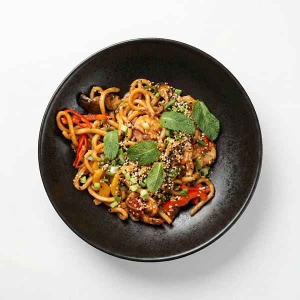 Makaron udon z papryką, cebulą, pędami bambusa i szczypiorkiem w sosie teriyaki, aromatyczne danie azjatyckie w restauracji