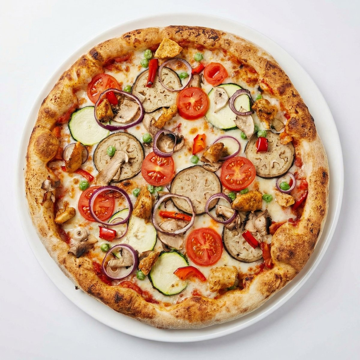 Pizza specjał tygodnia z kurczakiem, cebulą, cukinią, bakłażanem i pomidorkami – świeża pizza restauracyjna na miejscu i dowóz