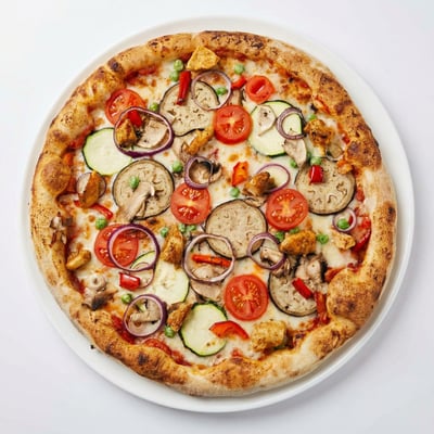 Pizza specjał tygodnia z kurczakiem, cebulą, cukinią, bakłażanem i pomidorkami – świeża pizza restauracyjna na miejscu i dowóz