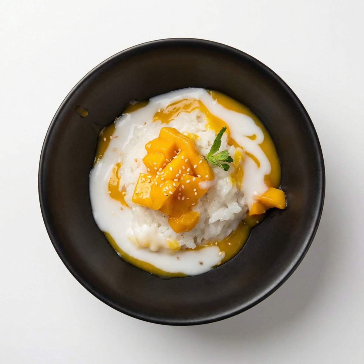 Mango Sticky Rice z soczystym mango, kleistym ryżem i kremem kokosowym, deser restauracyjny kuchni azjatyckiej na eleganckim talerzu