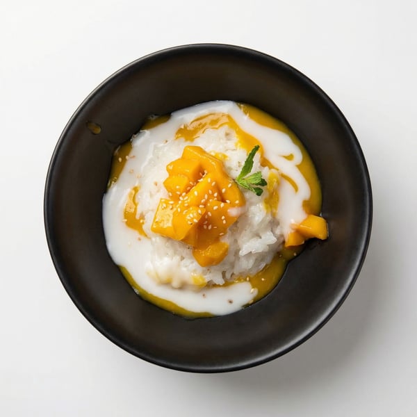 Mango Sticky Rice z soczystym mango, kleistym ryżem i kremem kokosowym, deser restauracyjny kuchni azjatyckiej na eleganckim talerzu