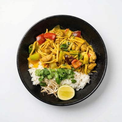 Gaeng Phed, czerwone curry z pędami bambusa, papryką i słodką bazylią, podane z ryżem – aromatyczne danie restauracji tajskiej