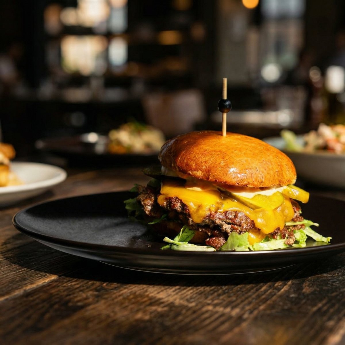 Burger Pai w restauracji z wołowiną smash, cheddarem, bekonem, sałatą i majonezem truflowym, podany na brioche na czarnym talerzu