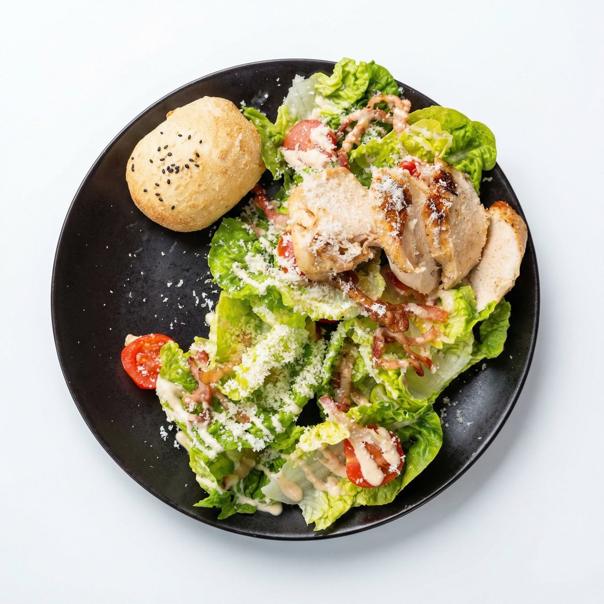 Sałatka Cezar w restauracji: grillowany kurczak, pomidory cherry, pancetta, parmezan, dressing cezara i włoskie pieczywo