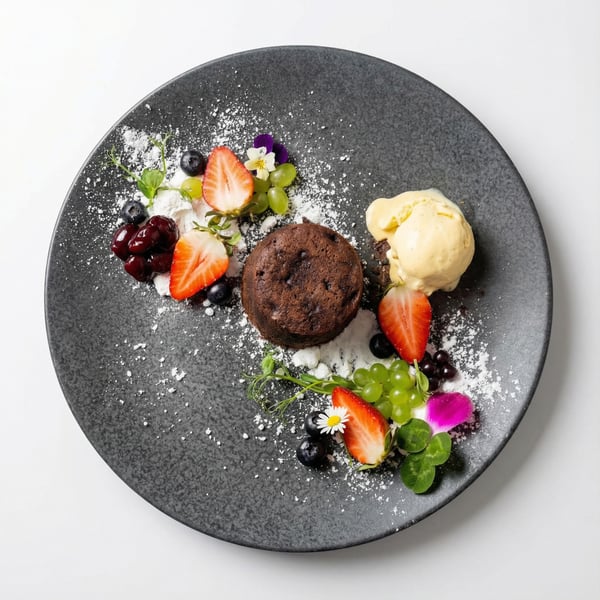 Fondant czekoladowy z gałką lodów, truskawkami i owocami na eleganckim talerzu, wykwintny deser w restauracji na romantyczną kolację
