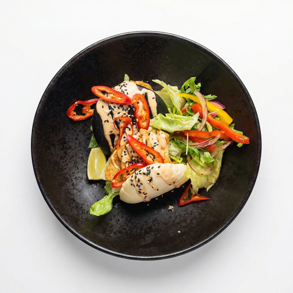 Bułeczki bao z krewetkami, sałatą, majonezem, sezamem, chili i limonką – orientalna przystawka w restauracji azjatyckiej