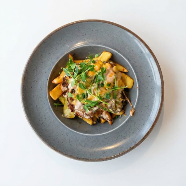 Smash & Chips z wołowiną smash, cheddarem, cebulą, piklami i frytkami z chili mayo – apetyczne danie w restauracji gourmet