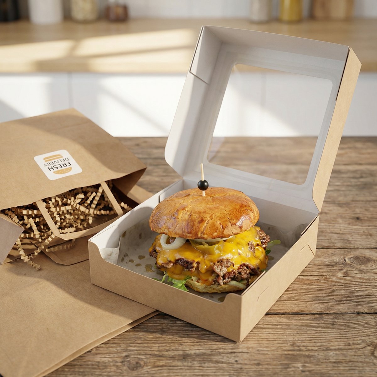 Burger Bangkok na wynos w pudełku, brioche, podwójna wołowina smash, cheddar, jalapeno i chili mayo, restauracja burgerowa