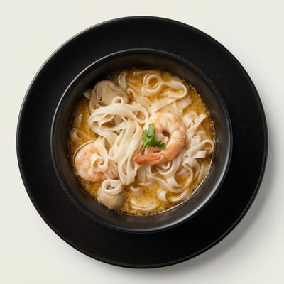 Tom Yum Kung z krewetkami, makaronem ryżowym i mleczkiem kokosowym, aromatyczna zupa tajska w restauracji azjatyckiej