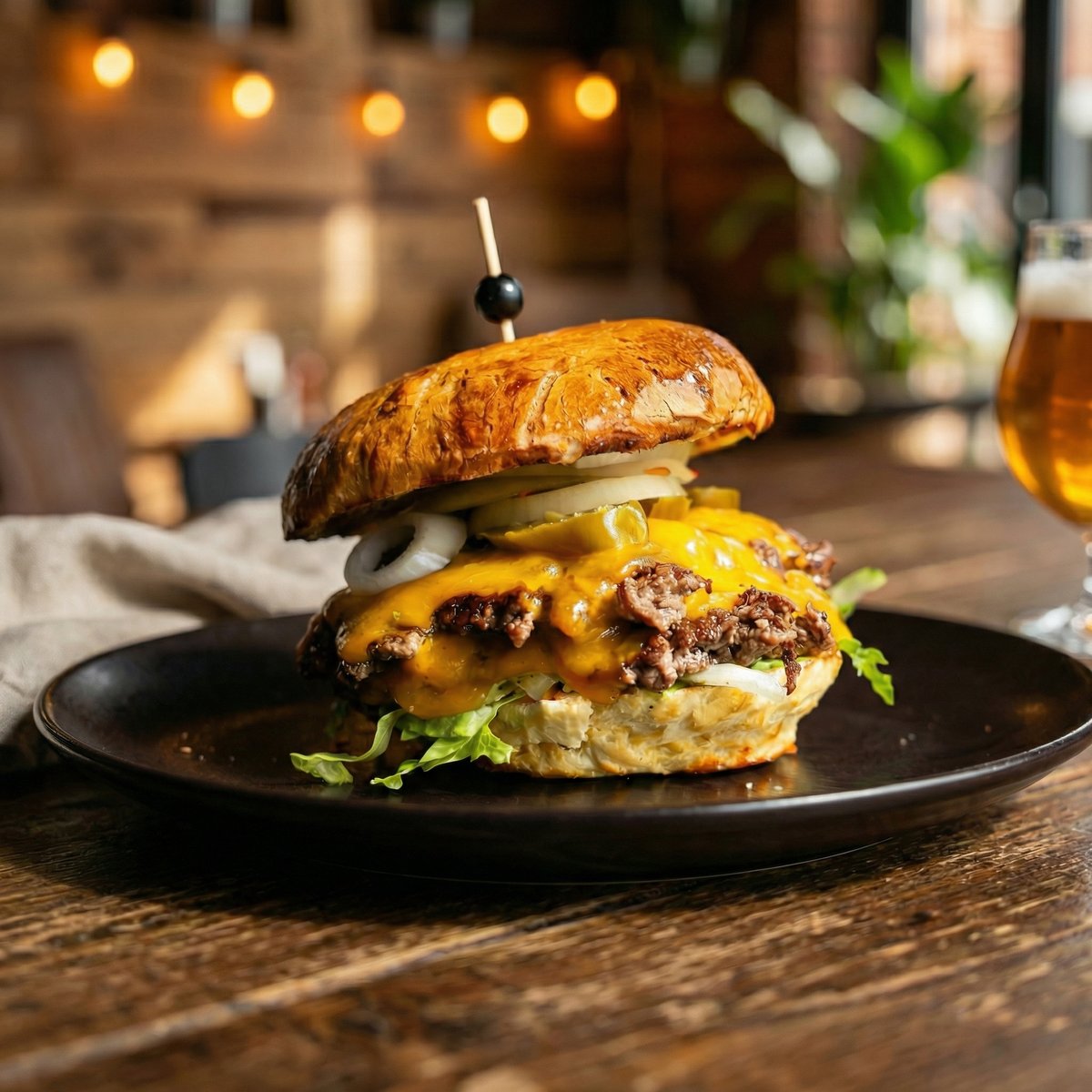 Burger Bangkok z wołowiną smash, cheddarem, jalapeno i chili mayo na brioche, soczysty burger w restauracji na miejscu