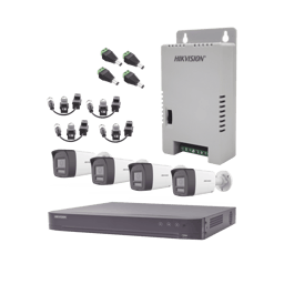 Kit DVR 4 Canales Hikvision KH-4K-4B-TWA 1080P/Audio Bidireccional TurboHD 4K-3K/4 Camaras Bala/Con Bocina y Microfono Integrado 3K/1 Fuentes de Poder/Accesorios
