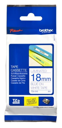 Cinta Brother TZ-243 Laminada Azul Sobre Blanco 18MMX8M PT300/ 310B/ 330/ 530, TZE243