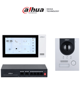 Kit de Videoportero IP Dahua DHI-KTP01L(S) de 2MP/con Frente de Calle Metálico Antivandálico/Monitor Táctil 7"/Ranura SD/Control de Puerta/E/S de Alarmas/Switch PoE de 6 Puertos/36W/Ideal para Seguridad Avanzada