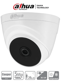 Camara Domo Dahua T1A51-28 5MP/ Lente de 2.8MM/ 106° de Apertura/ IR de 20 MTS/ Uso Interior/ Soporta HDCVI/ AHD/ TVI y CBVS