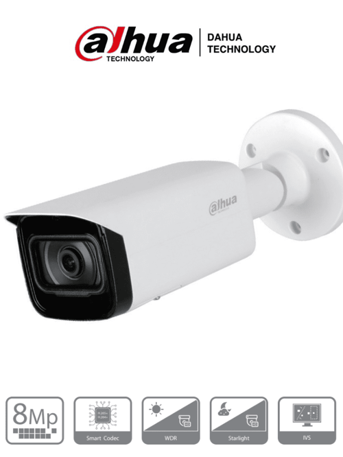 Camara IP Bullet 4K/ 8MP Dahua IPC-HFW2831T-AS H.265+/ WDR Real/ Lente de 3.6 MM/ IR 50 MTS/ Videoanaliticos con IVS/ IP67/ E&S de Alarma y Audio/ Ranura Para MicroSD/ POE