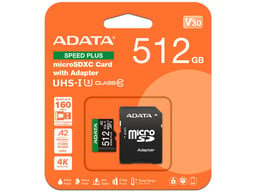Memoria MicroSDXC 512GB Adata UD512GUI3V30A2SP-RA1/UHS-1 U3 Clase 10/Con Adaptador