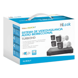 Kit TurboHD HiLook HL-3K-DL/T con DVR de 4 Canales/4 Cámaras Bala Dual Light/Audio Bidireccional/Accesorios de Interconexión/Fuente de Poder