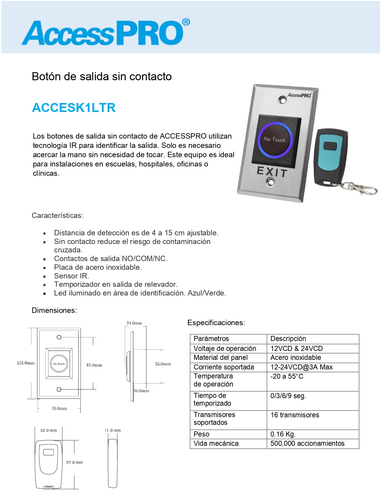 Boton de Salida sin Contacto Accesspro ACCESK1LTR con Control Remoto ...