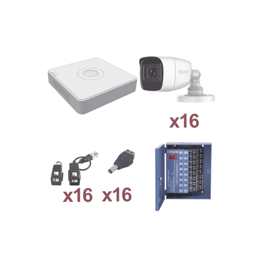 Kit TurboHD Hilook 1080P Lite DVR 16 Canales/ 16 Camaras Bala 2.8MM/ Transceptores/ Conectores/ Fuente de Poder Profesional Hasta 15VCD para Larga Distancias, KH720P16EW