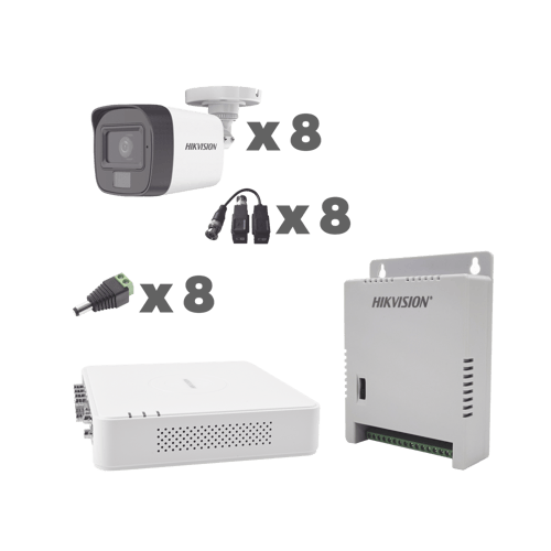 Kit TurboHD 1080P Hikvision KH1080P8BFH DVR 8 Canales Con Audio Por Coaxitron/ 8 Camaras Con Microfono Integrado 101° Vision/ Luz Blanca + IR Vision Nocturna
