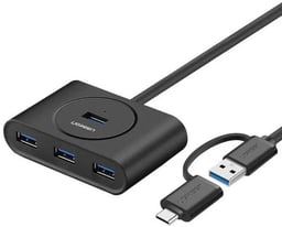 HUB USB-A/USB-C 3.0 Ugreen 40850/4 Puertos USB-A 3.0/Cable de 25CM/Indicador LED/Entrada Micro USB Para Alimentar Equipos de Mayor Consumo