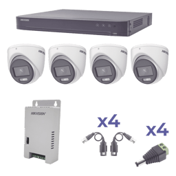 Kit ColorVu TurboHD Hikvision KH1080P4EC de 1080P/DVR 4 Canales/4 Cámaras Eyeball/Exterior/Lente 2.8MM/Fuente de Poder Profesional/Transceptores de Video y Accesorios de Corriente