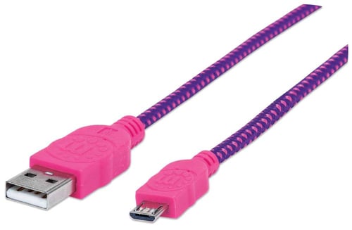 Cable Micro-B USB de 1.8 Metro Manhattan 352741, Color Rosa/ Morado, de Alta Velocidad con Recubrimiento Textil