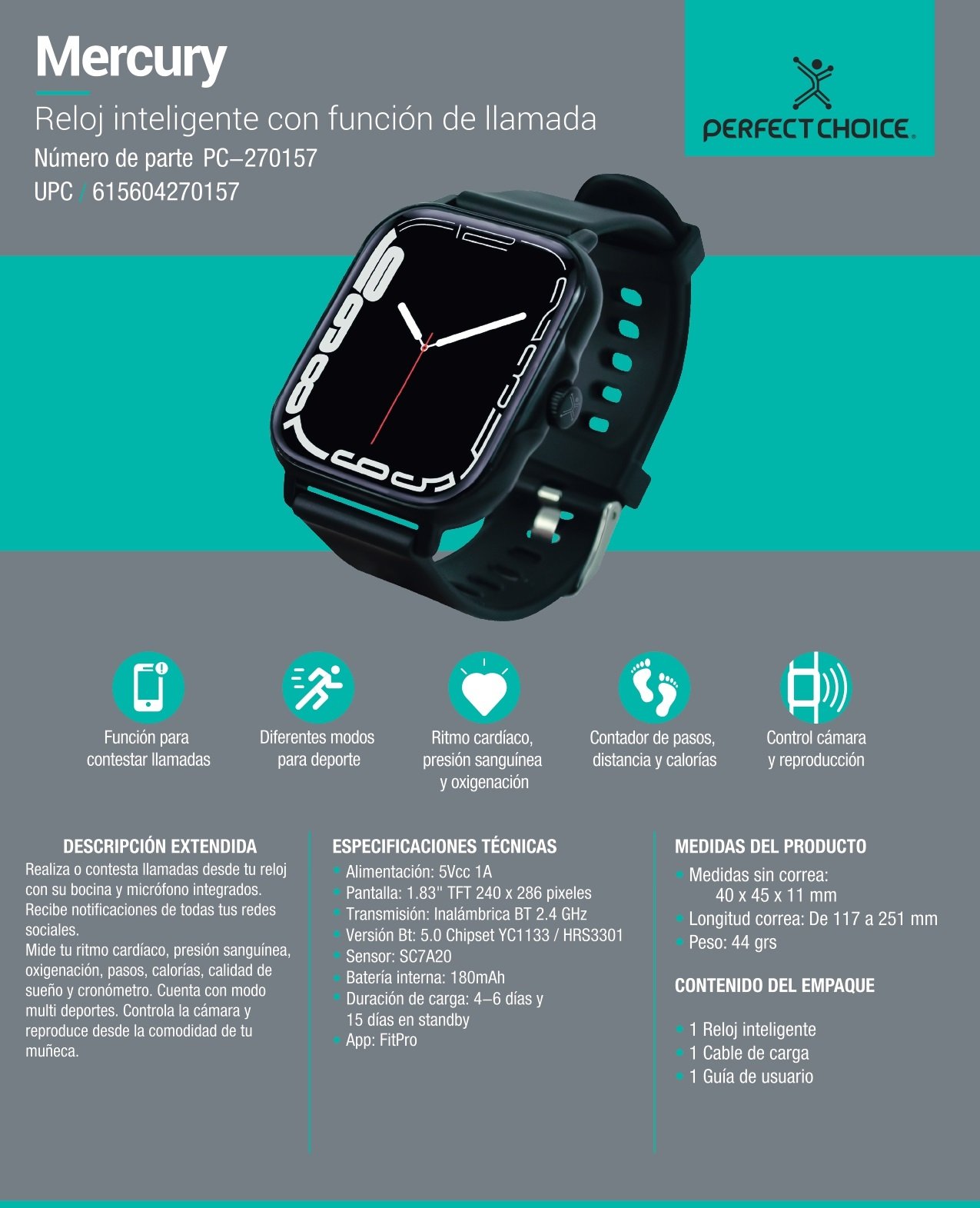 Reloj Smart Watch Perfect Choice Mercury PC-270157 Pantalla