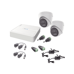 KIT DVR 4 Canales Hilook HL-1080P-2E-TWA 1080P/Audio Bidireccional TurboHD/2 Camaras Turret Exterior/Bocina y Microfono Integrado/2 Fuentes de Poder y Accesorios
