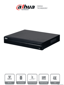 NVR 16 Canales IP Dahua DHI-NVR4216-4KS3/8MPX/Rendimiento de 160Mbps/Smart H.265+/2 Bahias de Discos Duros/4-2 E/S de Alarmas/HDMI/VGA/Soporta Camaras WizSense/4 Canales SMD Plus