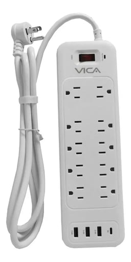 Barra Multicontacto VICA 9P 10 Salidas 125V 15A 1.2M 3 USB-A 1 USB-C