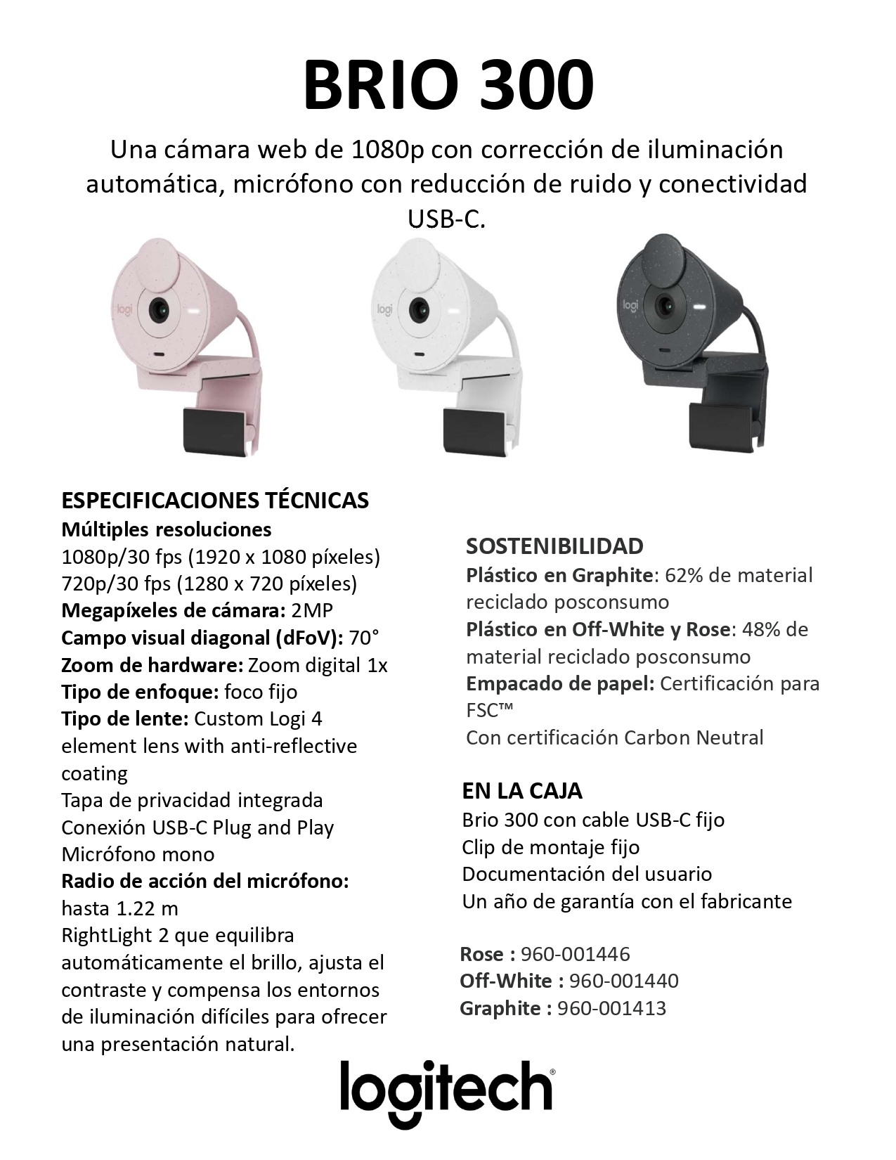 Webcam Logitech Brio 300 Grafito 1080P, Microfono, USB-C, 960