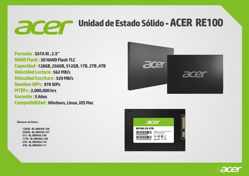 Unidad de Estado Solido 2TB Acer RE100, 2.5" Sata, BL.9BWWA.110