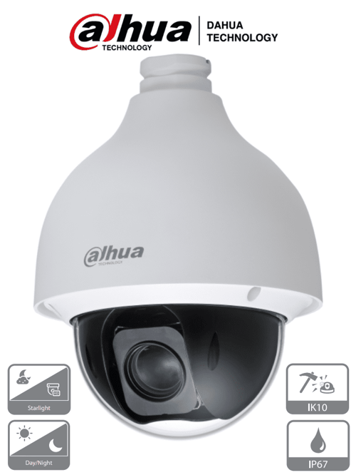 Camara PTZ Antivandalica Dahua DH-SD50225-HC-LA 2MP/ 25X de Zoom Optico/ WDR Real de 120DB/ Starlight/ IP66/ IK10/ BLC/ HLC/ 360° Continuos