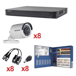 Kit DVR Sistema HIKVISION TURBOHD 1080p / DVR 8 Canales / 8 Cámaras Bala (exterior 2.8 mm) / Transceptores / Conectores / Fuente de Poder Profesional hasta 15 Vcd para Larga Distancia