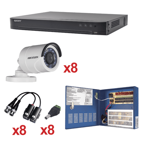 Kit DVR Sistema HIKVISION TURBOHD 1080p / DVR 8 Canales / 8 Cámaras Bala (exterior 2.8 mm) / Transceptores / Conectores / Fuente de Poder Profesional hasta 15 Vcd para Larga Distancia