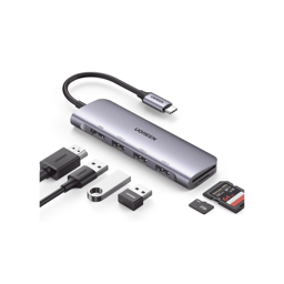 HUB USB-C 6 en 1 Ugreen 20956A 3 Puertos USB 3.0, Lector Tarjeta SD + Micro SD, Chip de Ultima Generacion, Caja de Aluminio