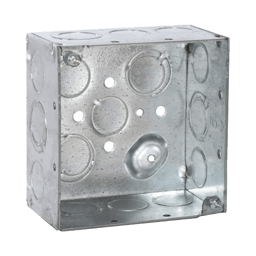 Caja Cuadrada Galvanizada Raco HUB-232 4" X 4", Profundidad de 2 1/8". Cuenta Con 10 KO de 1/2" y 6 TKO (1/2" - 3/4")
