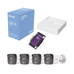 Kit IP Hilook KIPH4B/SSD1TB NVR de 8 Canales Con 8 Puertos POE/4MP/2.8MM/4 Camaras Bala/Microfono/SSD 1TB/H.265+/H.265/Bobina Cat6 305M