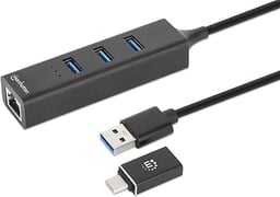 Adaptador De RED GIGABIT A USB-A Con Acoplador USB-C/HUB 3 Puertos USB V3.2MANHATTAN 180894 /Color Negro