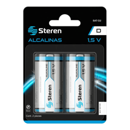 Batería Alcalina Steren BAT-D2 No Recargables / Tipo D / 1.5V / 2 Piezas